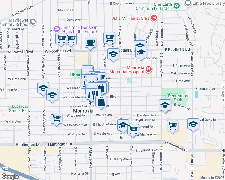 map of restaurants, bars, coffee shops, grocery stores, and more near 233 East Colorado Boulevard in Monrovia