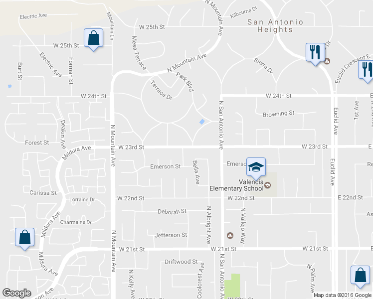 map of restaurants, bars, coffee shops, grocery stores, and more near 2294 North Coolcrest Avenue in Upland