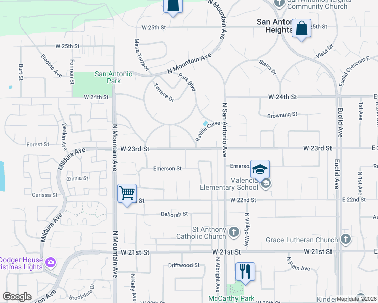 map of restaurants, bars, coffee shops, grocery stores, and more near 2294 North Coolcrest Avenue in Upland