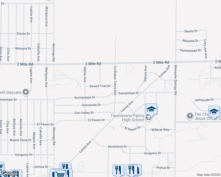 map of restaurants, bars, coffee shops, grocery stores, and more near 72473 Desert Trail Drive in Twentynine Palms