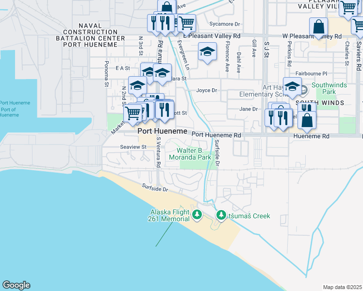 map of restaurants, bars, coffee shops, grocery stores, and more near 532 Village Road in Port Hueneme