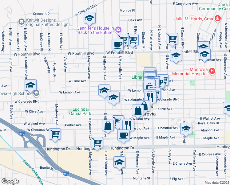 map of restaurants, bars, coffee shops, grocery stores, and more near 320 West Lemon Avenue in Monrovia