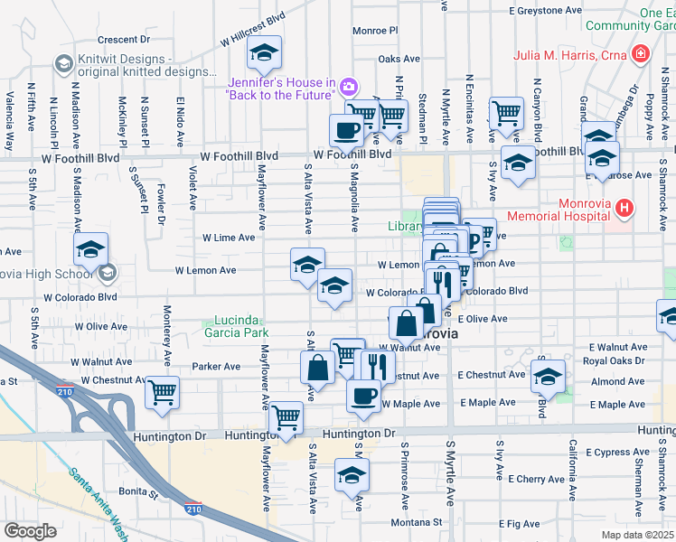map of restaurants, bars, coffee shops, grocery stores, and more near 320 West Lemon Avenue in Monrovia