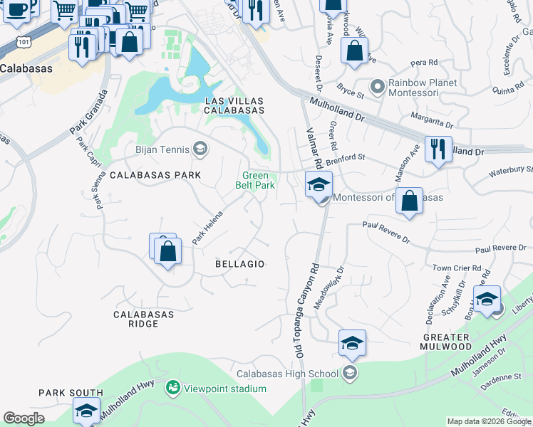 map of restaurants, bars, coffee shops, grocery stores, and more near 4342 Park Verdi in Calabasas