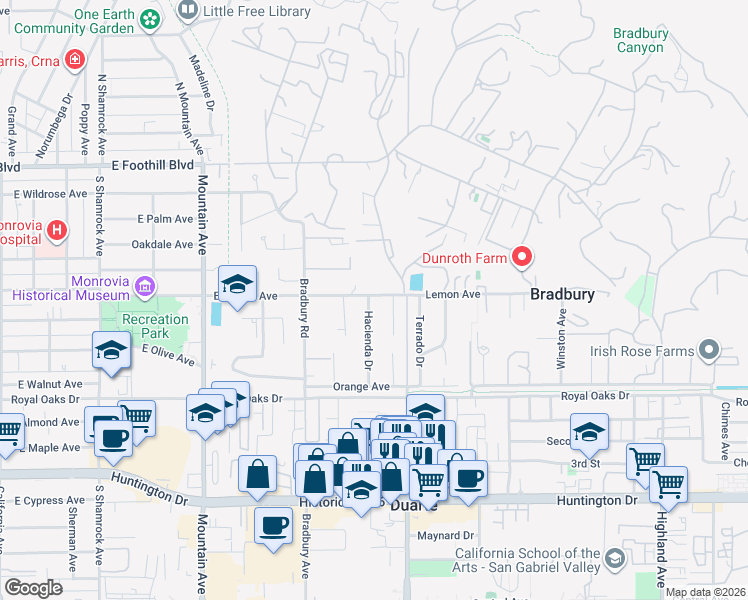 map of restaurants, bars, coffee shops, grocery stores, and more near 500 Hacienda Drive in Monrovia