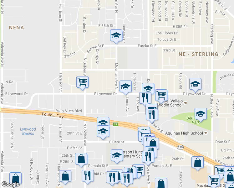 map of restaurants, bars, coffee shops, grocery stores, and more near 3099 North Mountain Avenue in San Bernardino