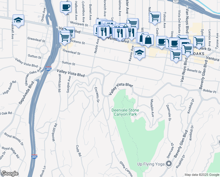 map of restaurants, bars, coffee shops, grocery stores, and more near 14903 Valley Vista Boulevard in Los Angeles