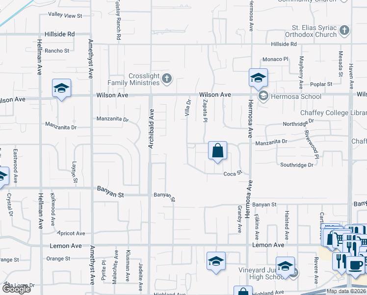 map of restaurants, bars, coffee shops, grocery stores, and more near 5914 Villa Drive in Rancho Cucamonga