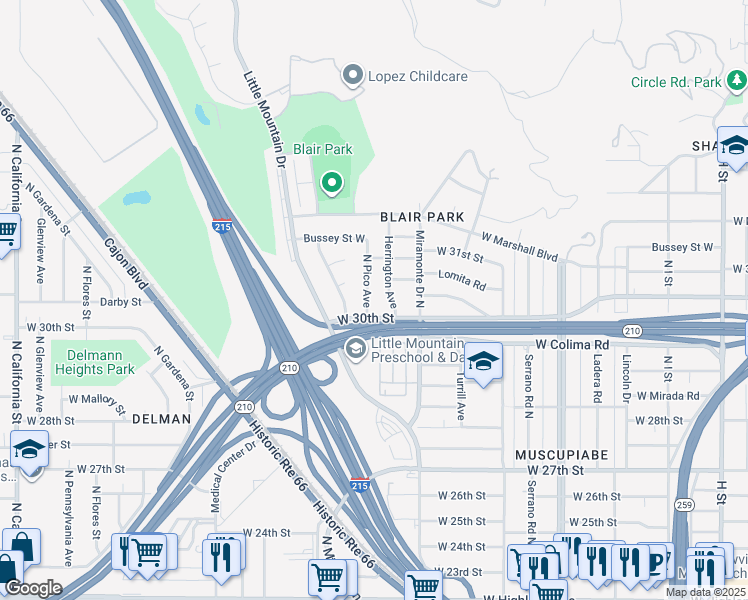 map of restaurants, bars, coffee shops, grocery stores, and more near 3005 North Pico Avenue in San Bernardino