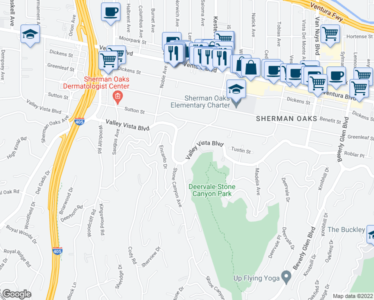 map of restaurants, bars, coffee shops, grocery stores, and more near 14903 Valley Vista Boulevard in Los Angeles