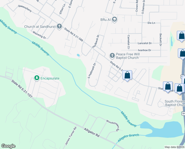 map of restaurants, bars, coffee shops, grocery stores, and more near 2358 South Hallmark Drive in Florence