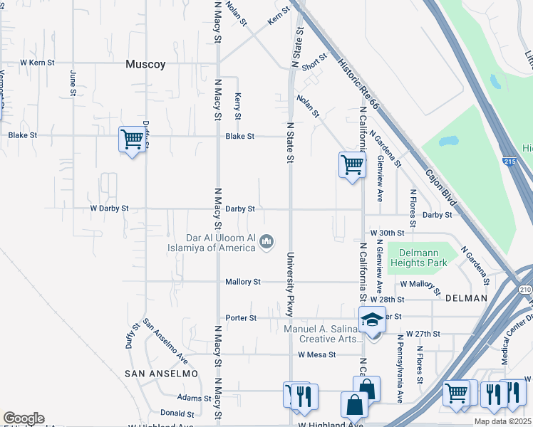 map of restaurants, bars, coffee shops, grocery stores, and more near 2041 Darby Street in Muscoy