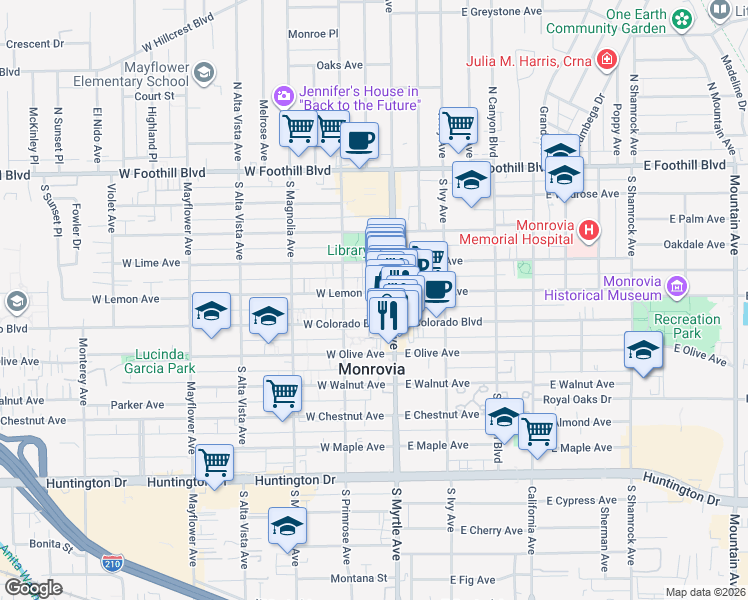 map of restaurants, bars, coffee shops, grocery stores, and more near 504 Date Court in Monrovia