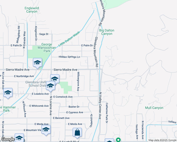 map of restaurants, bars, coffee shops, grocery stores, and more near 655 Fountain Springs Lane in Glendora
