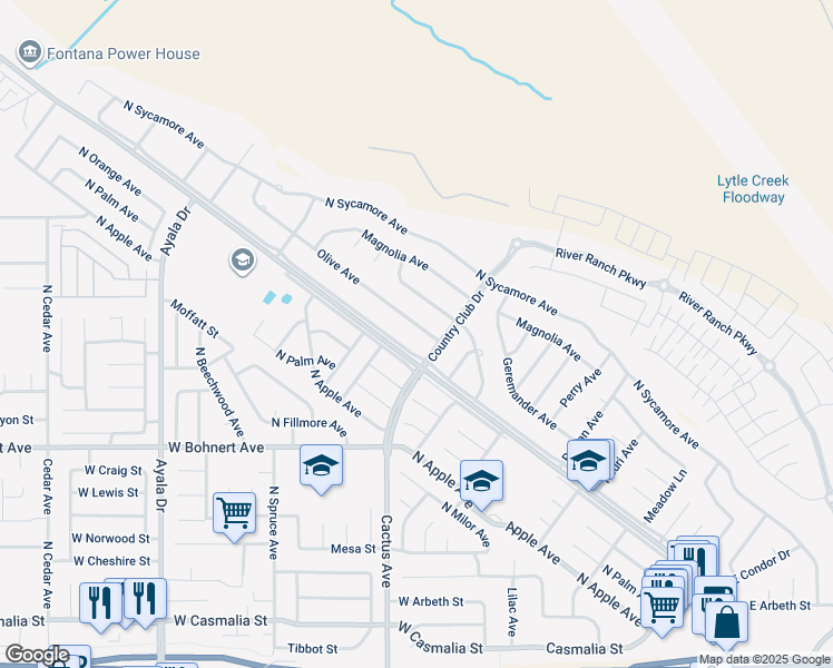 map of restaurants, bars, coffee shops, grocery stores, and more near 5874 Olive Avenue in Rialto