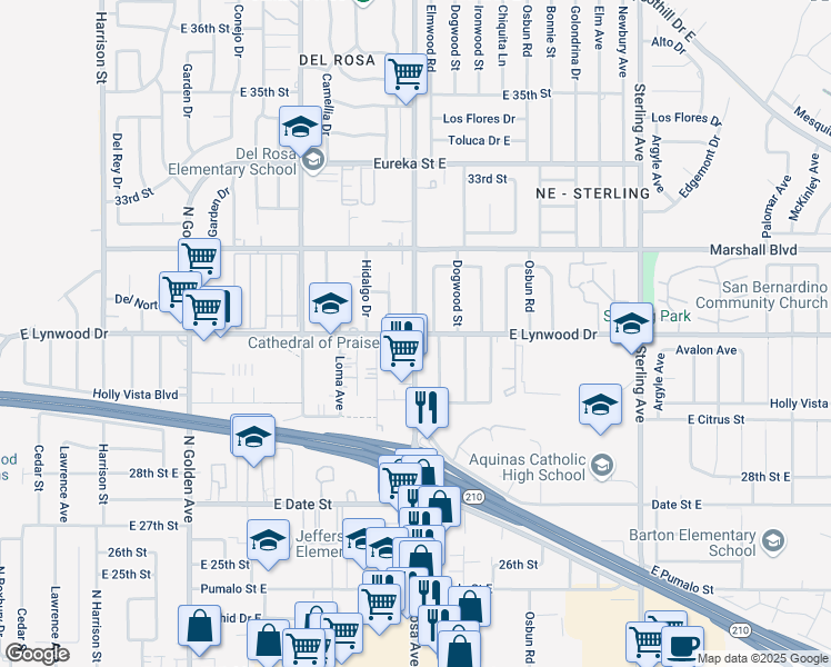 map of restaurants, bars, coffee shops, grocery stores, and more near Del Rosa Avenue North & East Lynwood Drive in San Bernardino County