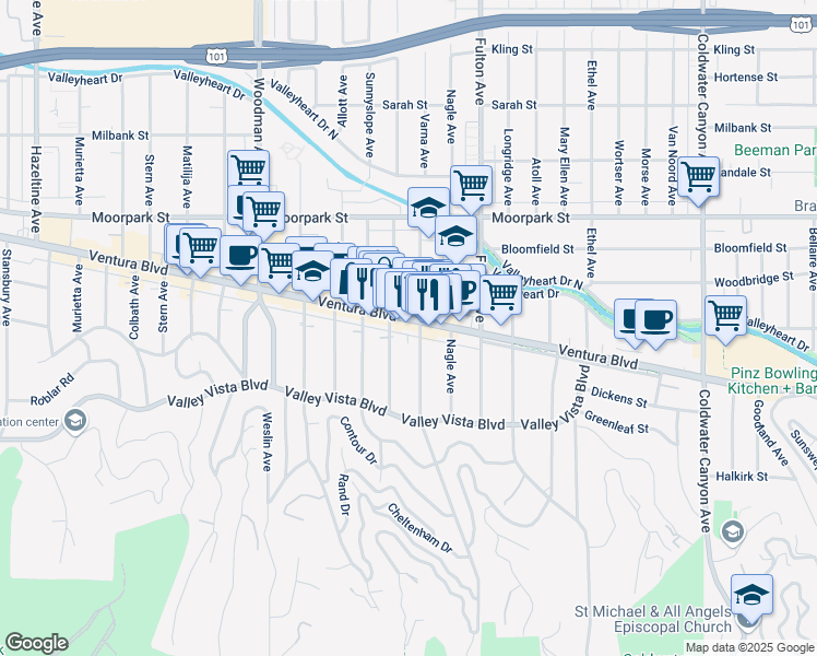 map of restaurants, bars, coffee shops, grocery stores, and more near 4223 Dixie Canyon Avenue in Los Angeles
