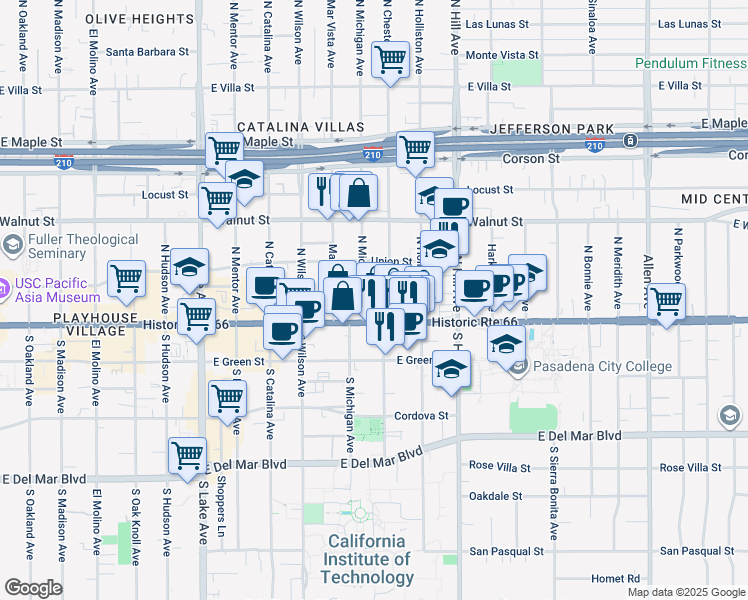 map of restaurants, bars, coffee shops, grocery stores, and more near 42 North Michigan Avenue in Pasadena
