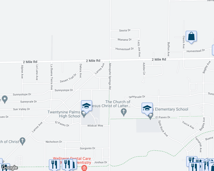 map of restaurants, bars, coffee shops, grocery stores, and more near 5868 Mesquite Springs Road in Twentynine Palms
