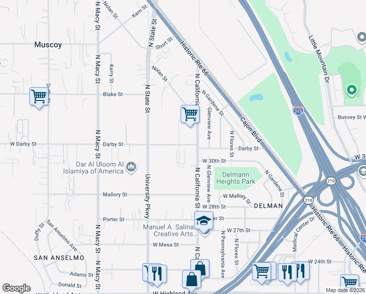 map of restaurants, bars, coffee shops, grocery stores, and more near 1941 Darby Street in Muscoy
