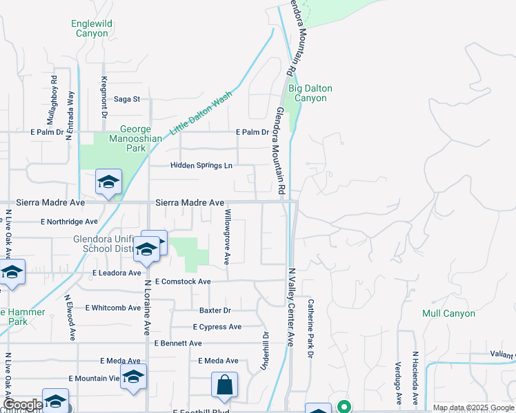 map of restaurants, bars, coffee shops, grocery stores, and more near 655 Fountain Springs Lane in Glendora