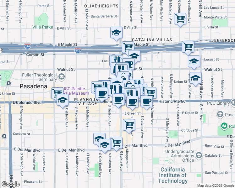 map of restaurants, bars, coffee shops, grocery stores, and more near 35 North Lake Avenue in Pasadena