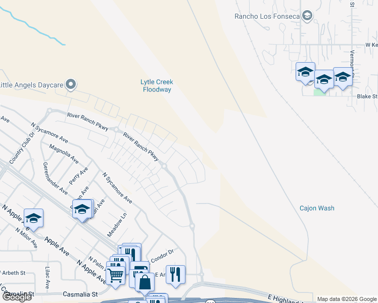 map of restaurants, bars, coffee shops, grocery stores, and more near 2434 Crater Avenue in Rialto
