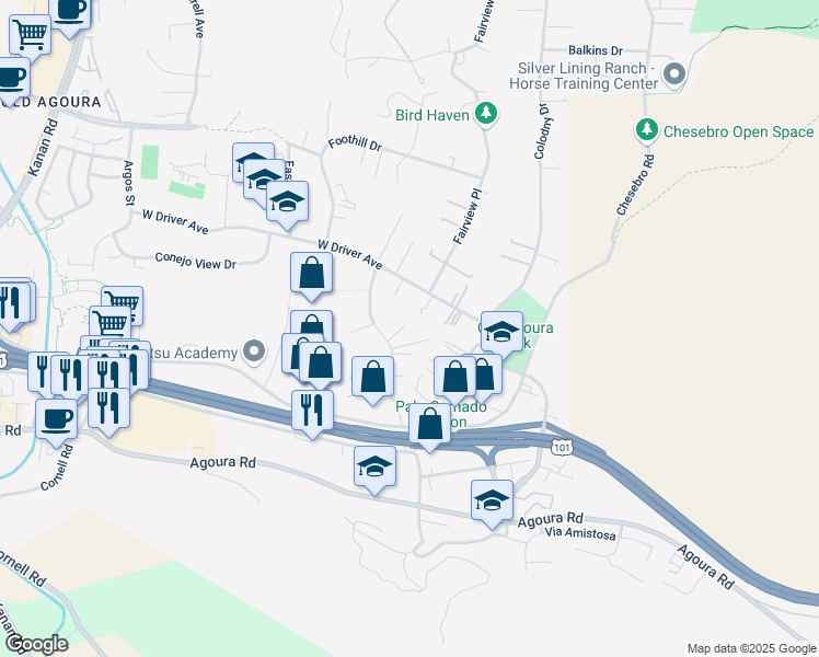 map of restaurants, bars, coffee shops, grocery stores, and more near 5354 Lewis Road in Agoura Hills