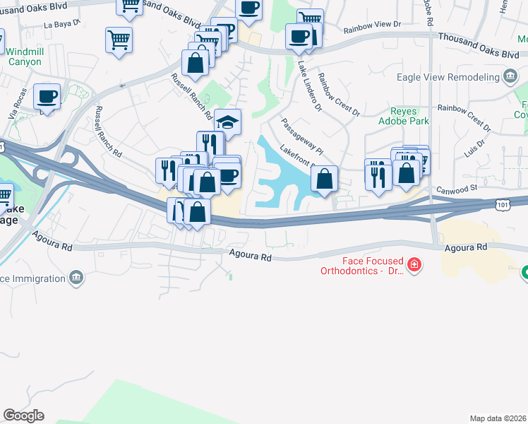 map of restaurants, bars, coffee shops, grocery stores, and more near 30749 Canwood Street in Agoura Hills