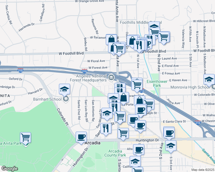 map of restaurants, bars, coffee shops, grocery stores, and more near 605 Windsor Road in Arcadia
