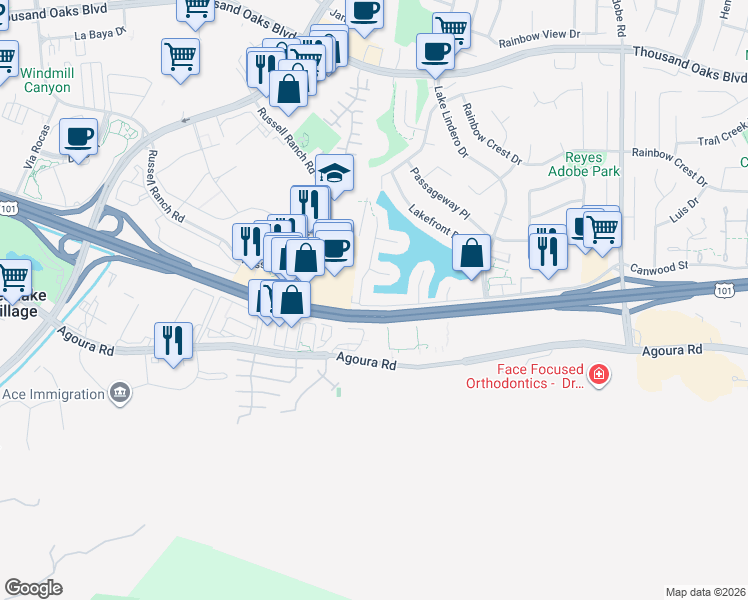 map of restaurants, bars, coffee shops, grocery stores, and more near 5345 Lake Crest Drive in Agoura Hills