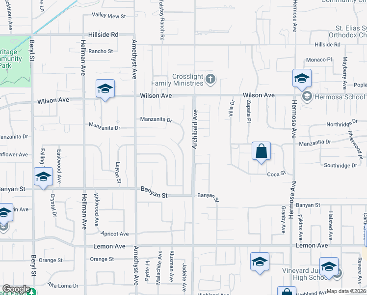 map of restaurants, bars, coffee shops, grocery stores, and more near 5895 Jadeite Avenue in Rancho Cucamonga