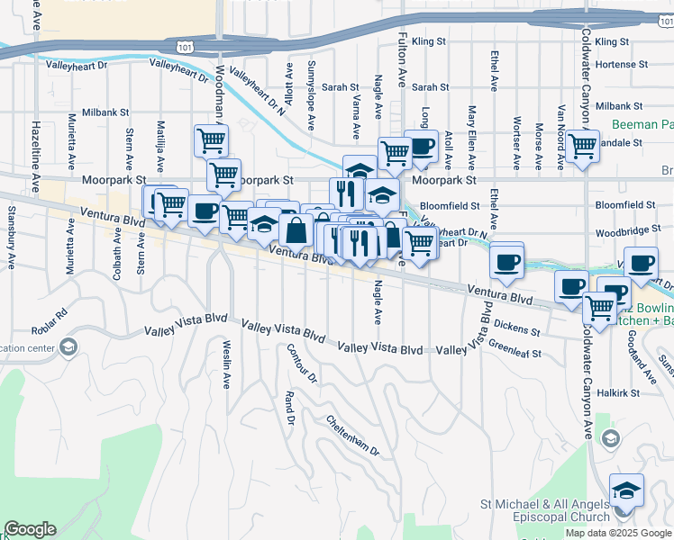 map of restaurants, bars, coffee shops, grocery stores, and more near 4223 Dixie Canyon Avenue in Los Angeles
