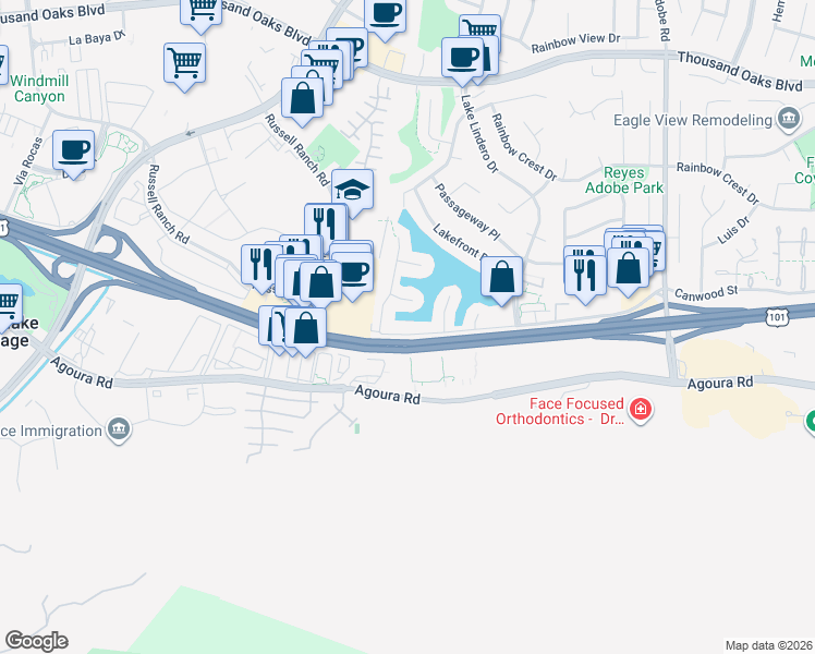 map of restaurants, bars, coffee shops, grocery stores, and more near 30749 Canwood Street in Agoura Hills