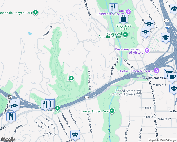 map of restaurants, bars, coffee shops, grocery stores, and more near North San Rafael Avenue in Pasadena