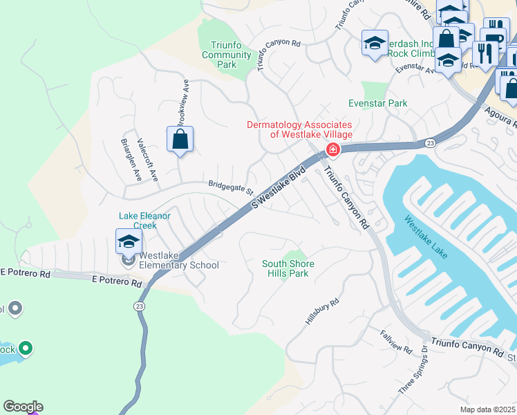 map of restaurants, bars, coffee shops, grocery stores, and more near 2004 Bridgegate Court in Westlake Village