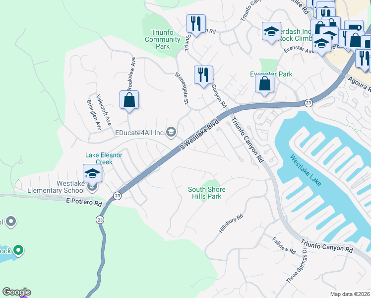 map of restaurants, bars, coffee shops, grocery stores, and more near 2004 Bridgegate Court in Westlake Village