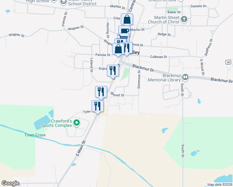 map of restaurants, bars, coffee shops, grocery stores, and more near 109 McLarty Circle in Water Valley