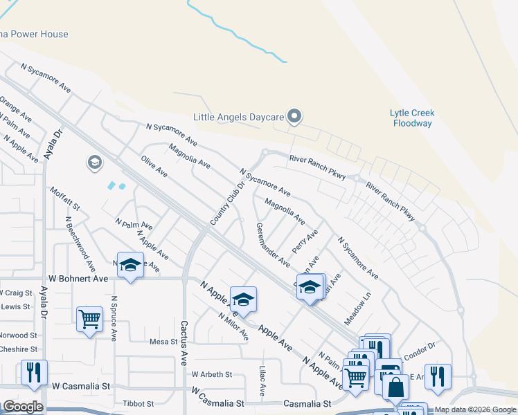 map of restaurants, bars, coffee shops, grocery stores, and more near 5830 Geremander Avenue in Rialto
