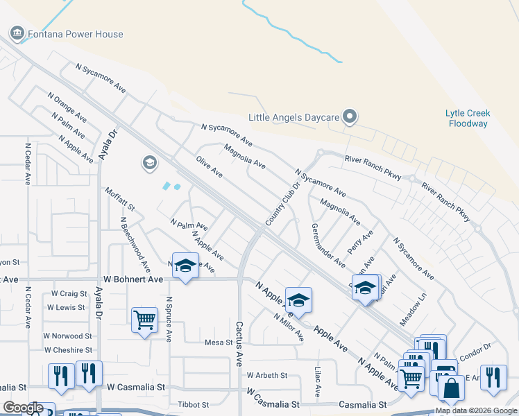 map of restaurants, bars, coffee shops, grocery stores, and more near 5855 Olive Avenue in Rialto