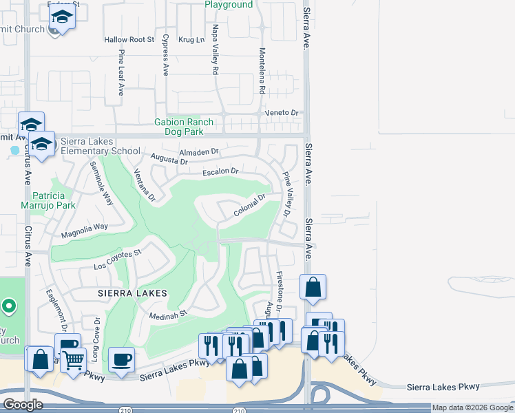 map of restaurants, bars, coffee shops, grocery stores, and more near 16756 Colonial Drive in Fontana