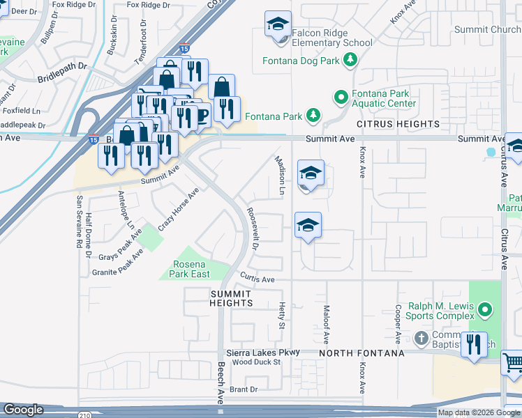 map of restaurants, bars, coffee shops, grocery stores, and more near 15444 Hoover Lane in Fontana