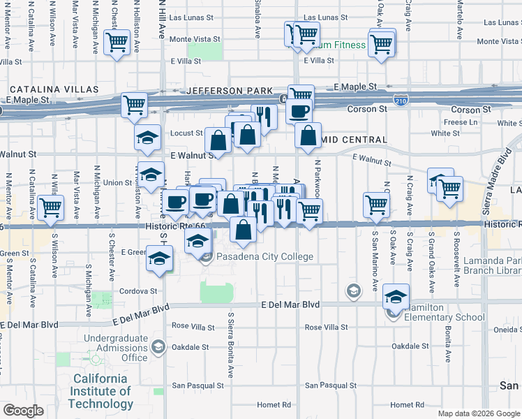 map of restaurants, bars, coffee shops, grocery stores, and more near 77 North Bonnie Avenue in Pasadena