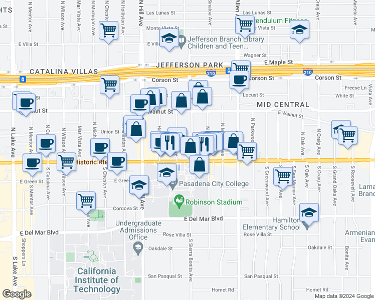 map of restaurants, bars, coffee shops, grocery stores, and more near 81 North Sierra Bonita Avenue in Pasadena
