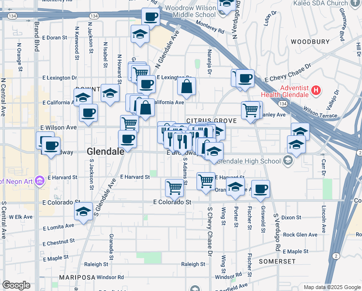 map of restaurants, bars, coffee shops, grocery stores, and more near 135 North Adams Street in Glendale