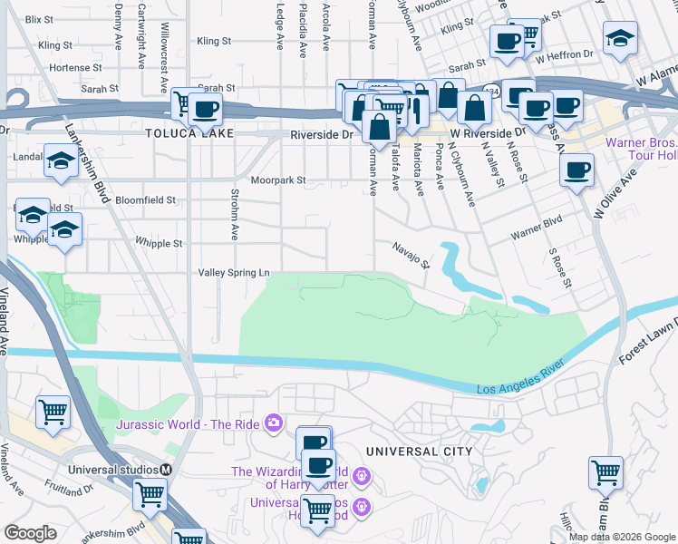 map of restaurants, bars, coffee shops, grocery stores, and more near 4262 Arcola Avenue in Los Angeles