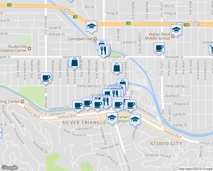 map of restaurants, bars, coffee shops, grocery stores, and more near 4211 Laurel Canyon Boulevard in Los Angeles