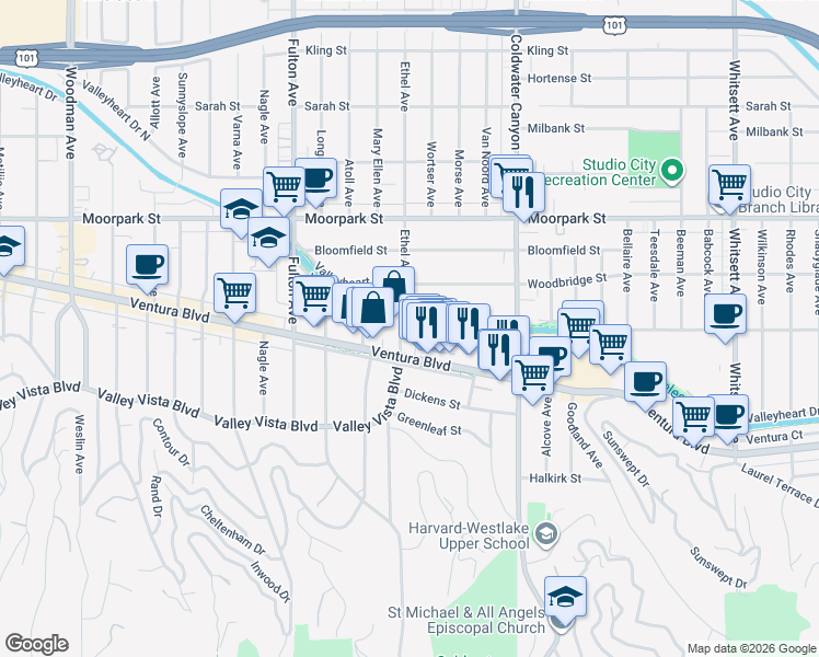 map of restaurants, bars, coffee shops, grocery stores, and more near 13041 Valleyheart Drive North in Los Angeles