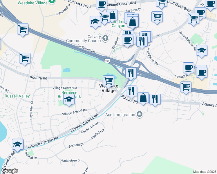map of restaurants, bars, coffee shops, grocery stores, and more near 4528 Guildhall Court in Westlake Village