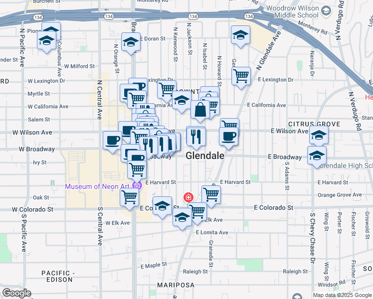map of restaurants, bars, coffee shops, grocery stores, and more near 134 North Kenwood Street in Glendale